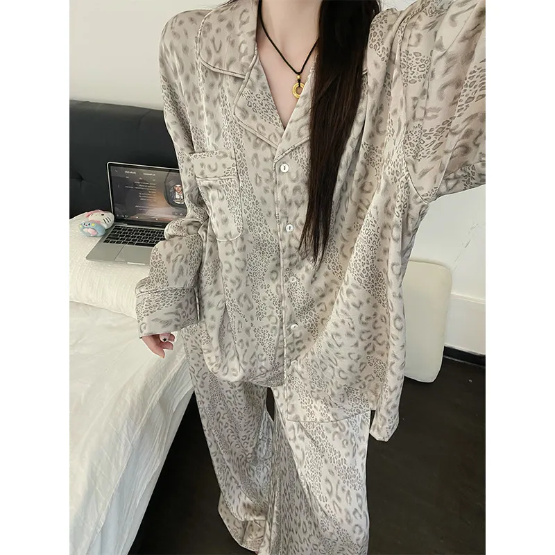 韩系高级感豹纹印花睡衣女款春秋季ins设计感显瘦休闲家居服套装