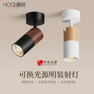 中古风明装射灯可调角度胡桃木纹家用客厅玄关背景洗墙小山丘筒灯