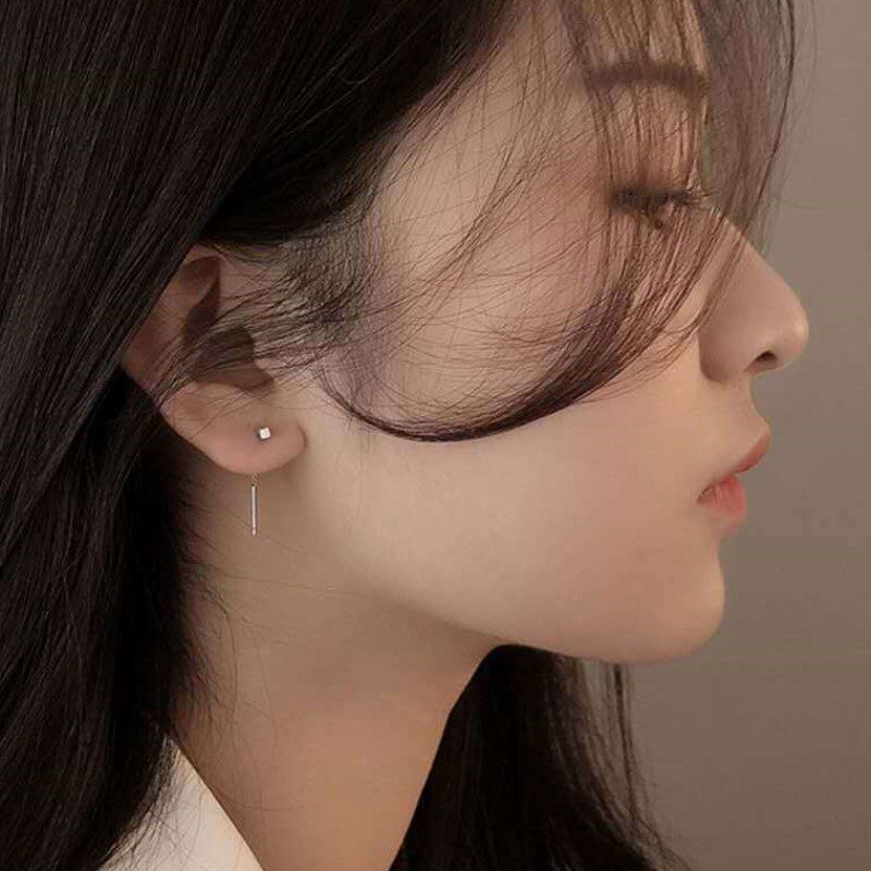 925银针小方块耳坠方形简约时尚分格小耳垂气质优雅设计小巧耳环