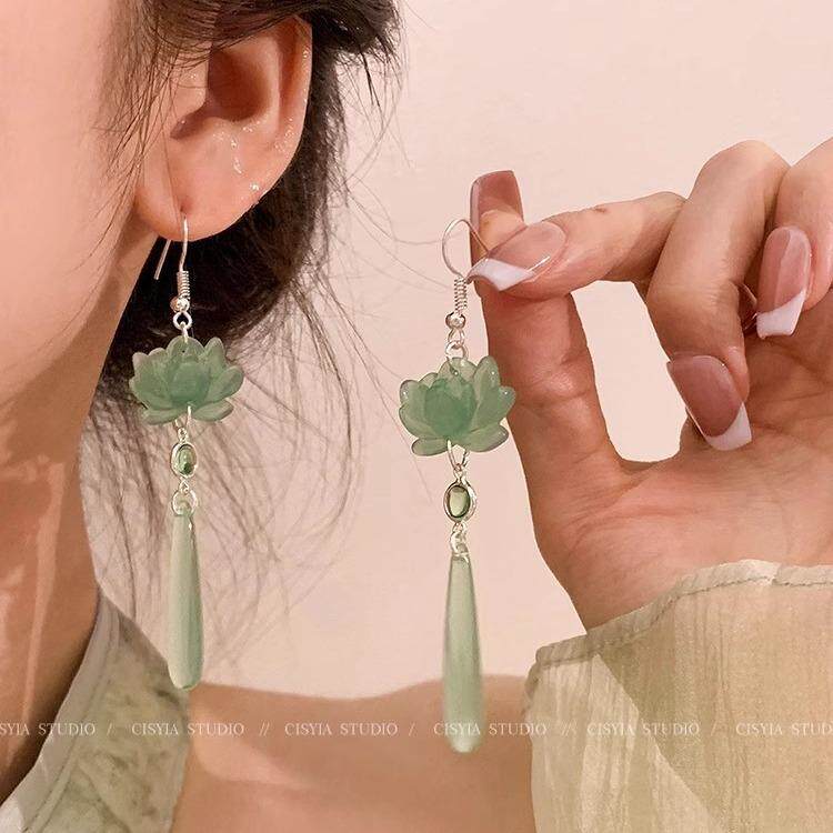 新中式莲花玉石流苏耳环女国风古风汉服耳坠马面裙配饰高级感耳饰,饰品/流行首饰/时尚饰品新,耳环,淘宝优惠券,粉丝福利购,淘宝优惠卷