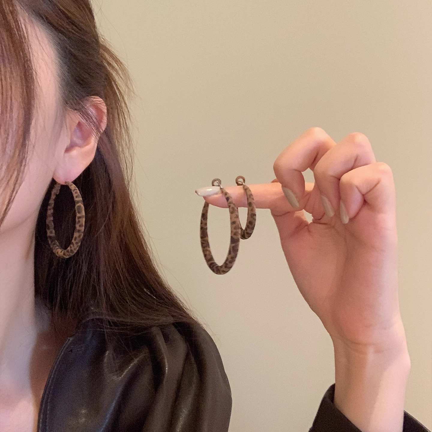 港风复古豹纹圆圈耳环