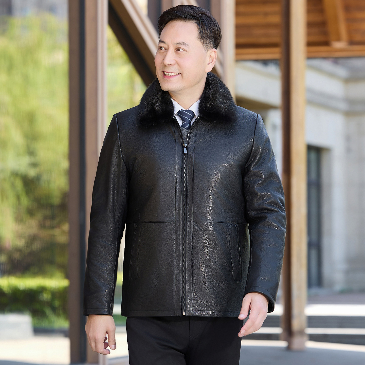 海宁爸爸装真皮皮衣男水貂内胆可脱卸翻领短款貂皮外套山羊皮夹克