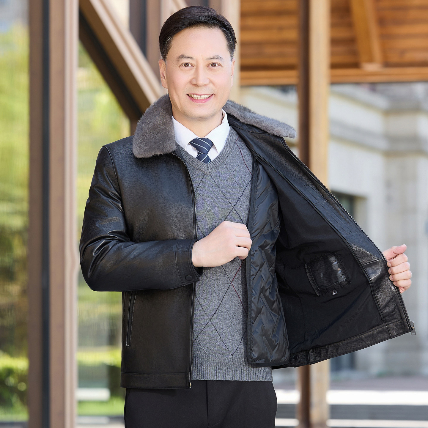 海宁真皮皮衣男短款羽绒服水貂毛翻领中老年爸爸装商务鹅绒外套冬,男装,皮衣,淘宝优惠券,粉丝福利购,淘宝优惠卷