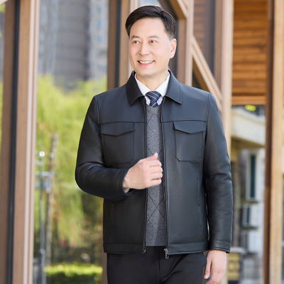 中年真皮羽绒服男短款翻领皮夹克
