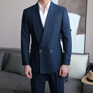 新款轻奢男士青果领双排扣前开叉修身西服套装22206