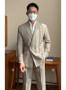 春季意式双排扣两粒扣暗人字纹休闲两件套西服套装925