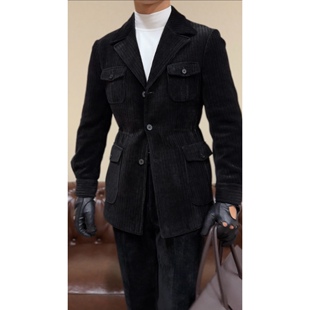 奚哲自制秋冬男士厚款雪尼尔绒游猎夹克套装绅士保暖有型