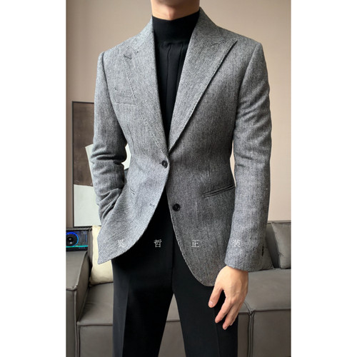 秋冬新款老钱风羊毛混纺高克重绅士戗驳领单西外套966