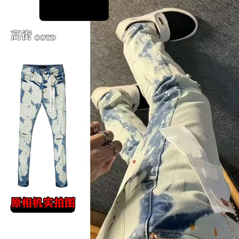 欧美潮牌雪花泼墨美式一字破洞高街修身高版本款潮流小脚牛仔裤男