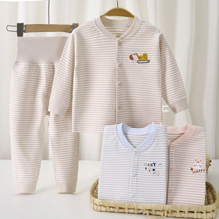 对襟家居服睡衣 男女童长袖 宝宝纯棉秋衣秋裤 婴儿高腰护肚内衣套装