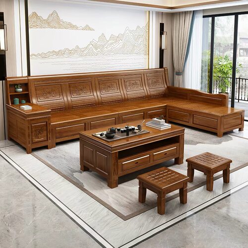 香樟木实木沙发组合中式仿古雕花冬夏两用转角储物沙发客厅家具