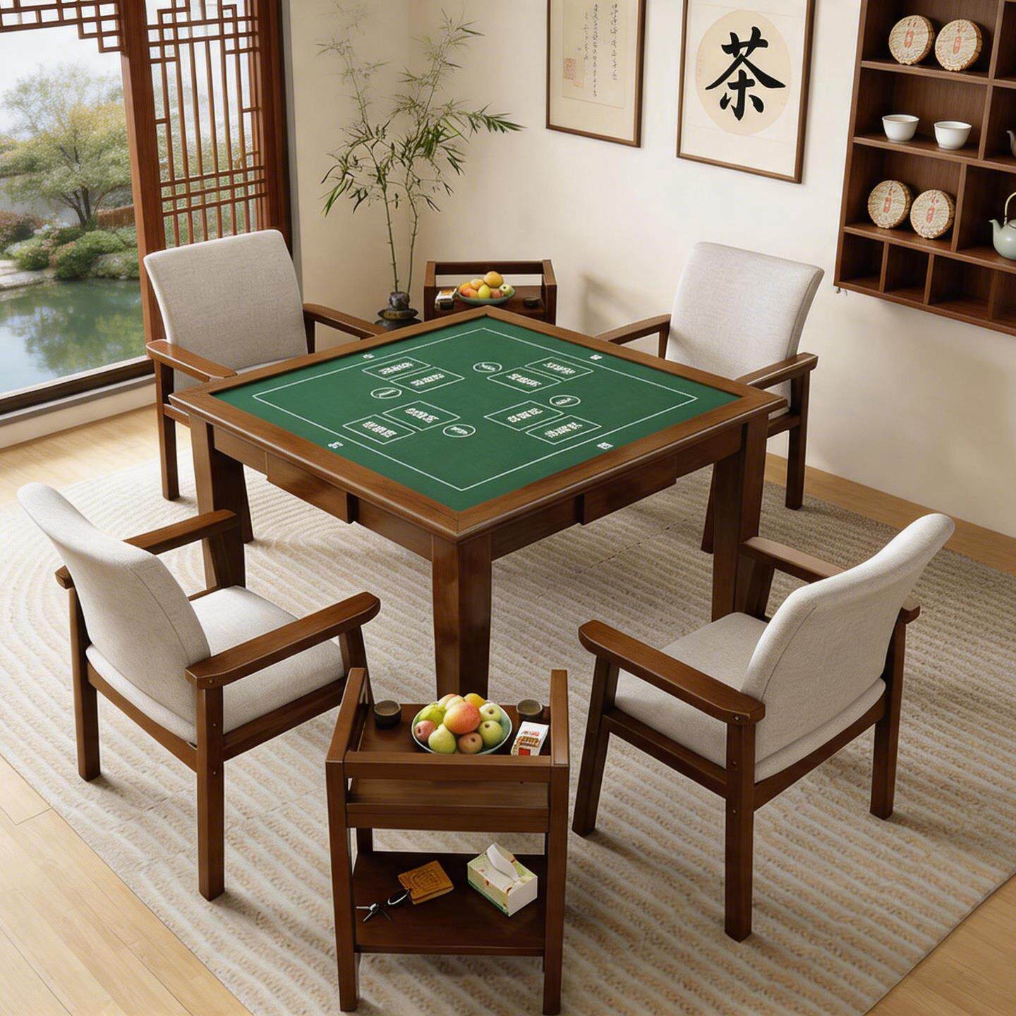 中式手搓麻将桌象棋桌纯实木四方餐桌两用二合一棋牌掼蛋桌椅组合