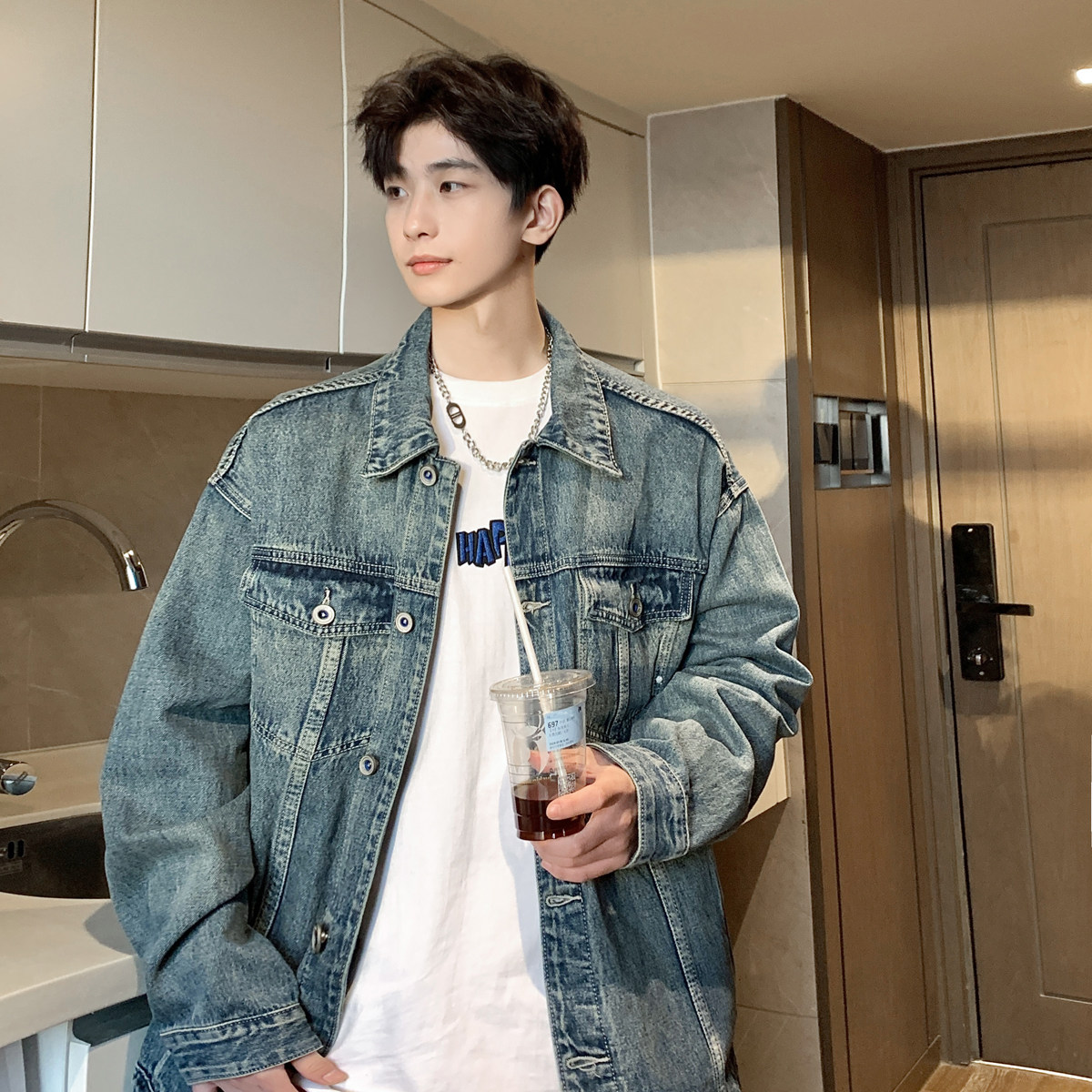 美式复古水洗做旧牛仔外套男潮牌设计感休闲夹克外套N2233/P118,男装工装外套,星座202