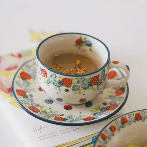 野草莓手绘咖啡杯碟复古茶杯礼盒