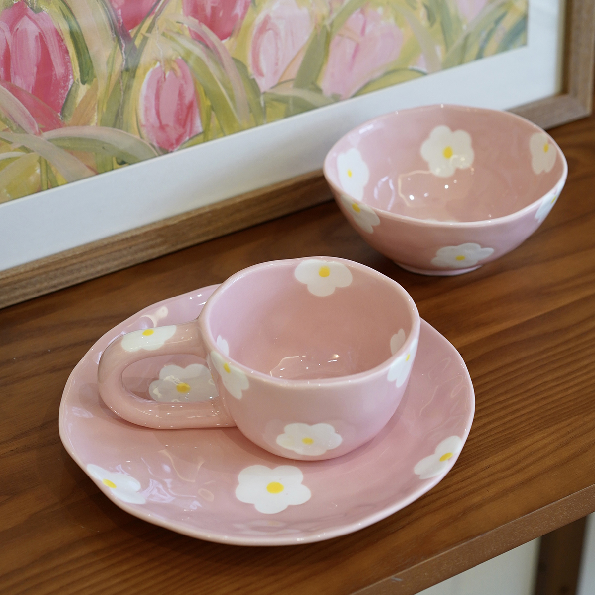 粉色花朵少女心釉下彩盘碗马克杯