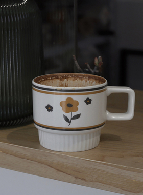 ES| 法式小花朵陶瓷杯马克杯复古早餐杯燕麦酸奶拿铁杯ins网红杯