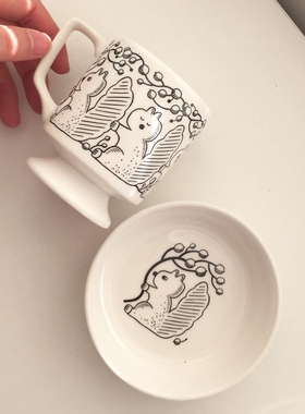 Endless stars韩国ins小众马克杯松鼠插画复古高脚咖啡杯碟套装