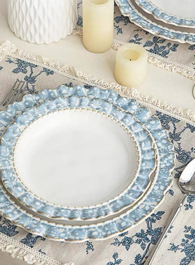 ES 蓝烟花陶瓷碗盘餐具家用复古法式高级感轻奢ins西餐盘咖啡杯碟