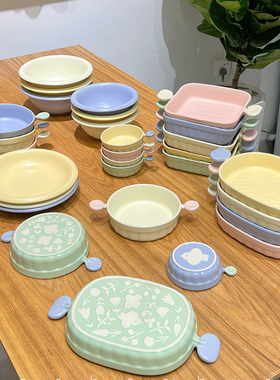 高颜值韩式ins马卡龙双耳烤盘烤碗陶瓷家用餐盘子甜品碗可爱餐具