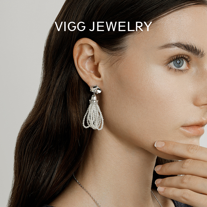VIGG珠帘耳钉女气质百搭银针耳饰