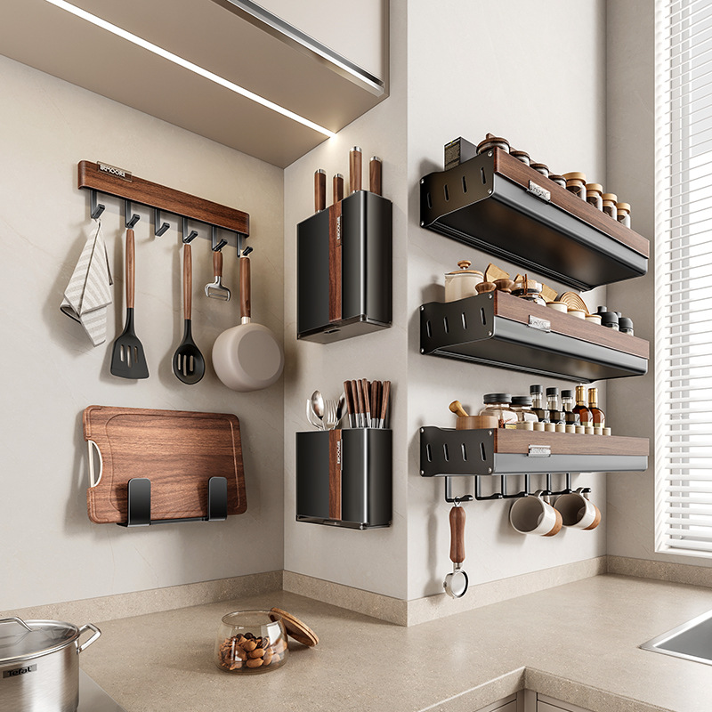 胡桃木壁挂式厨房置物架