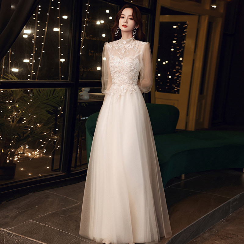 晚礼服2021年冬季新款长裙宴会新娘轻婚纱白色年会表演主持成人礼