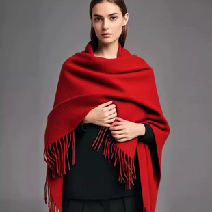 鄂尔精绒加厚100%纯羊绒围巾中国红色披风冬保暖大披肩高级感围脖