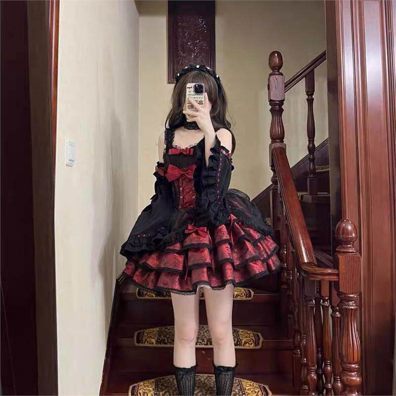现货蔷薇执事黑红洛丽塔JSK甜辣lolita连衣裙可爱二次元cos服