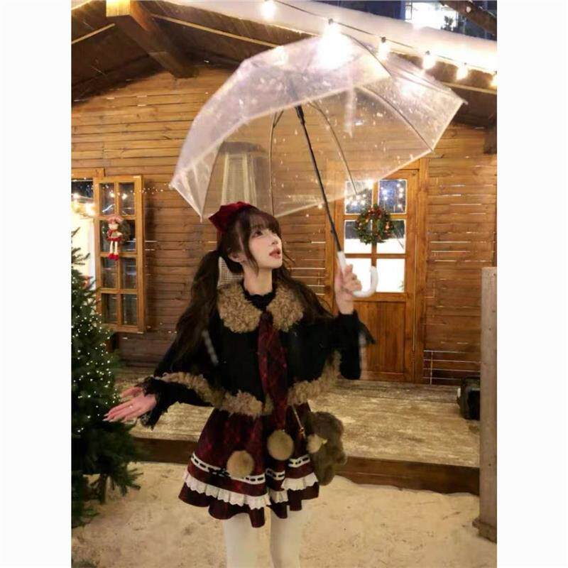 洛丽塔裙子冬季新年氛围新款套装学院斗篷外套格纹拼接甜美连衣裙