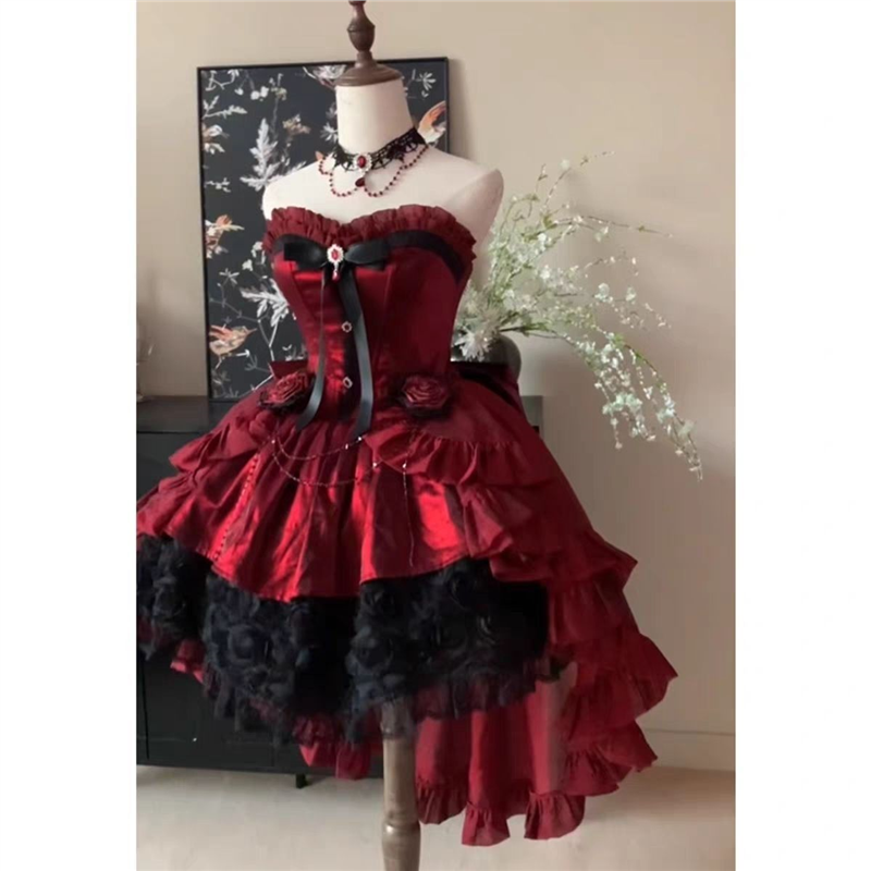 哥特风玫瑰红Lolita长裙晚礼服玫瑰花边纯欲女裙公主裙