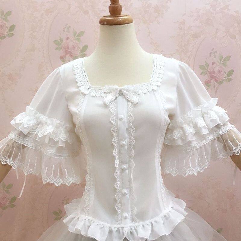 lolita衬衫日系软妹娃娃领短袖洋装修身内搭泡泡袖上衣女夏洛丽塔