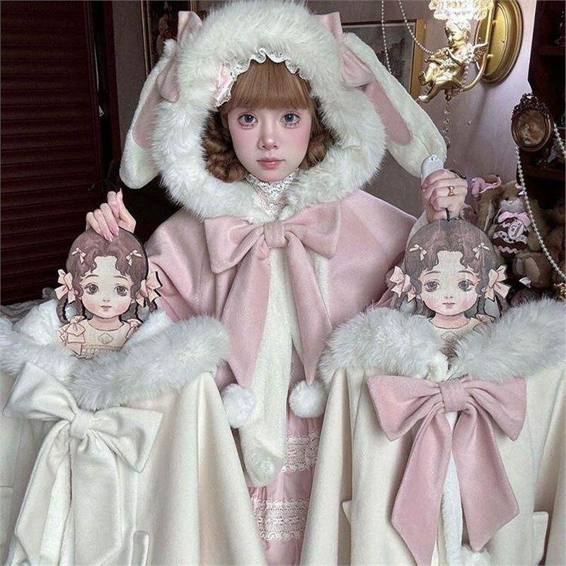 洛丽塔斗篷奶杏色lolita绒绒加绒加厚粉色外套毛呢披肩秋冬新年
