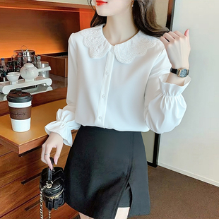 学院风宽松白色内搭上衣 春秋新款 蕾丝娃娃领衬衫 女独特别致小衫