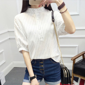 学院风立领衬衣半袖 2025夏季 棉麻上衣 女短袖 宽松大码 新款 条纹衬衫