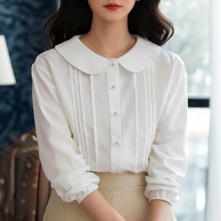 百搭显瘦设计感小众 宽松叠穿上衣春季 甜美娃娃领白色衬衫 女长袖