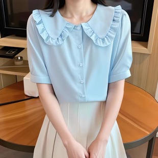 甜美娃娃领衬衣宽松法式 短袖 泡泡袖 衬衫 上衣 女2025轻奢高级夏季