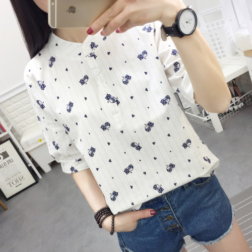 条纹棉麻衬衫女高级感中袖上衣