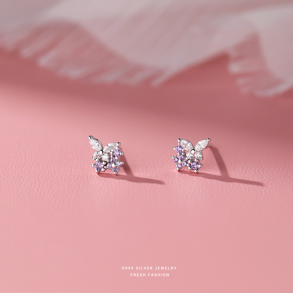 纯银s999足银薰衣草蝴蝶耳钉女花卉植物设计轻奢时尚耳饰情侣礼物
