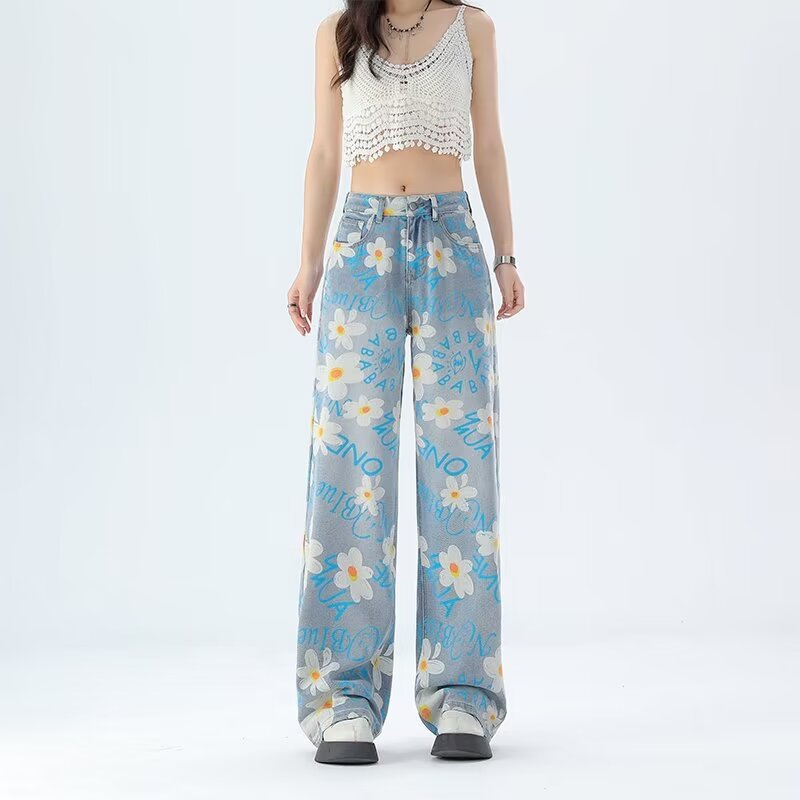美式印花阔腿牛仔裤女夏季新款设计感梨型身材辣妹小众宽松拖地