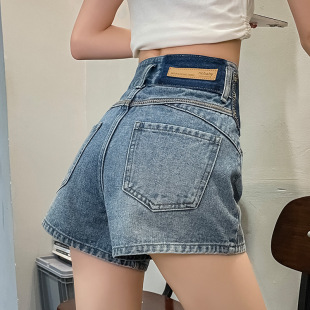 6216撞色牛仔短裤女夏季2023年新款高腰小个子宽松阔腿超短热