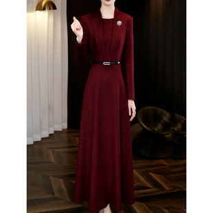 送腰带!轻奢高级感贵夫人红色连衣裙女秋冬新款气质减龄A字裙7975