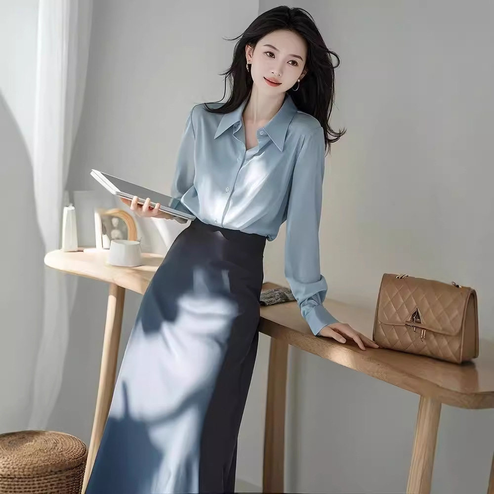 初秋上班通勤穿搭一体两件套高冷范气场强大女装蓝色衬衫裙子套装
