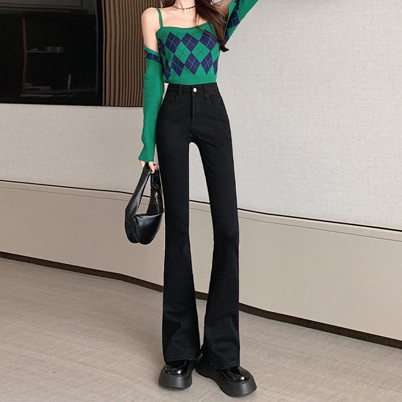 微喇牛仔裤女春季小个子黑色高腰紧身弹力马蹄长裤百搭直筒喇叭裤