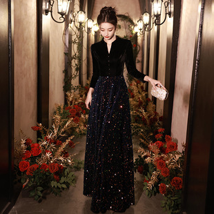 黑色秋冬年会新款晚礼服高端宴会主持人礼服小众气质简约长裙表演