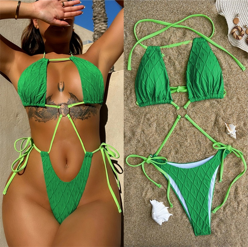 2023外贸绿色菱形格三角抽绳挂脖绑带比基尼性感镂空露背连体泳衣