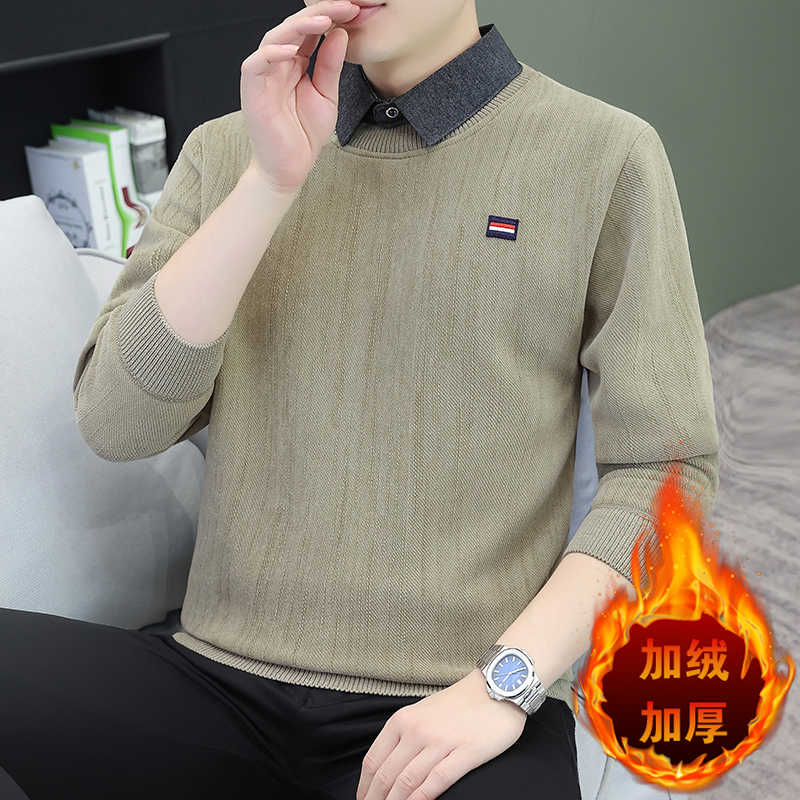假两件毛衣男士衬衫领针织衫秋冬季潮流休闲加绒加厚一体绒打底衫