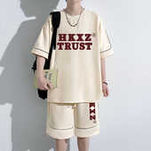 休闲运动套装 t恤男青少年一套帅气搭配T 字母印花短袖 男夏季 五分袖