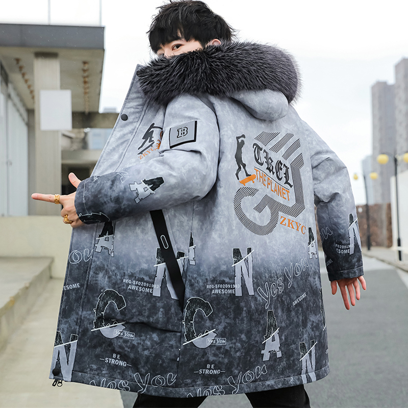 渐层色派克服男款冬季大毛领连帽铺棉外套外套男士潮牌中长版保暖