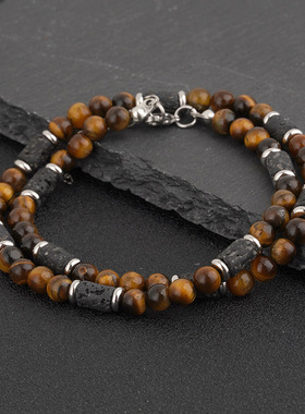 欧美新款虎石天然石男士时尚潮流手工串珠简约黑玛瑙火山石项链