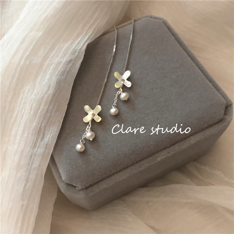 花期~天然黄碟贝珍珠设计耳线 纯银原创小众可拆卸耳饰多种戴法女